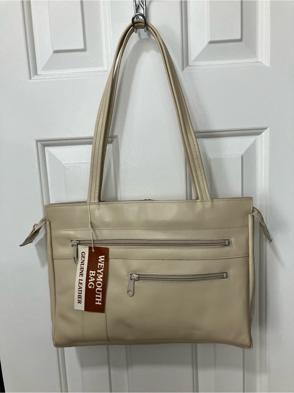 Weymouth Cream Leather Tote Bag with Front Zip Pockets